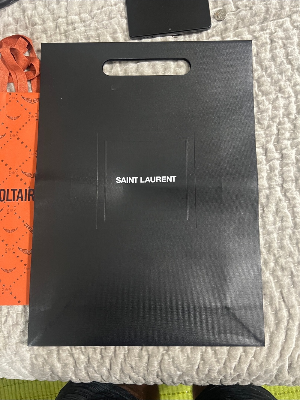 Saint Laurent Black Paper Tote with Center Logo and Die-Cut Handle